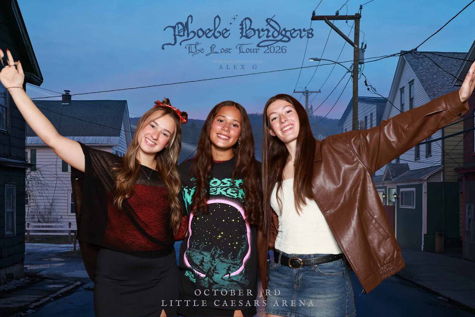 Three friends, the outer two each with an arm thrown up, one in a brown leather jacket at Phoebe Bridgers with 313 Presents