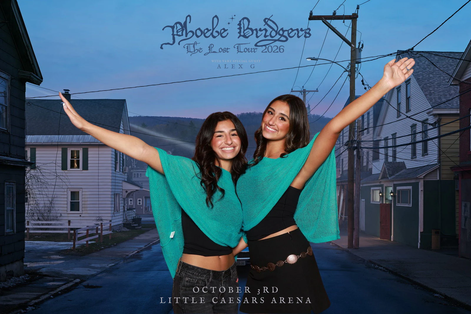 Two women in teal wraps with their outer arms flung wide in front of a dusk-blue street at Phoebe Bridgers with 313 Presents