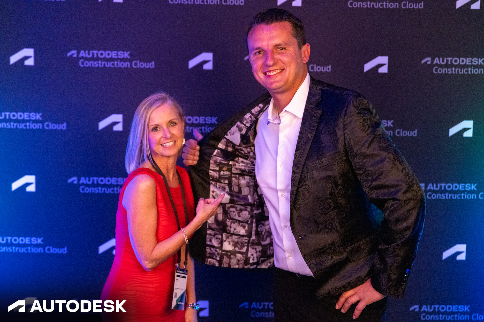 The two laughing as he opens his jacket at the Autodesk OTC Awards 2023