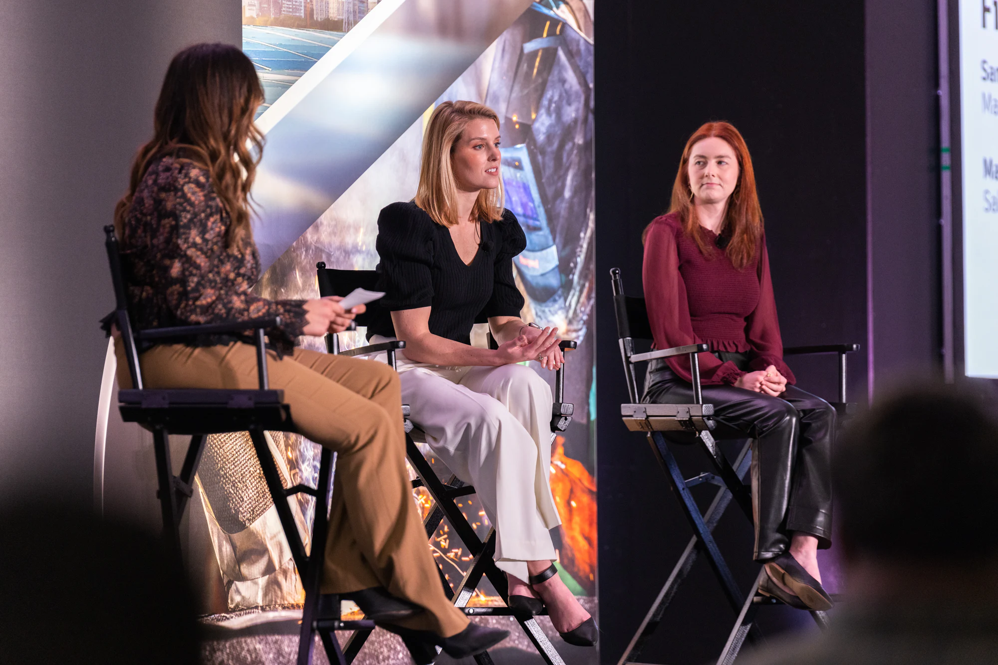 The fireside chat, one speaker answering while the others listen at Autodesk Awards Atlanta 2023
