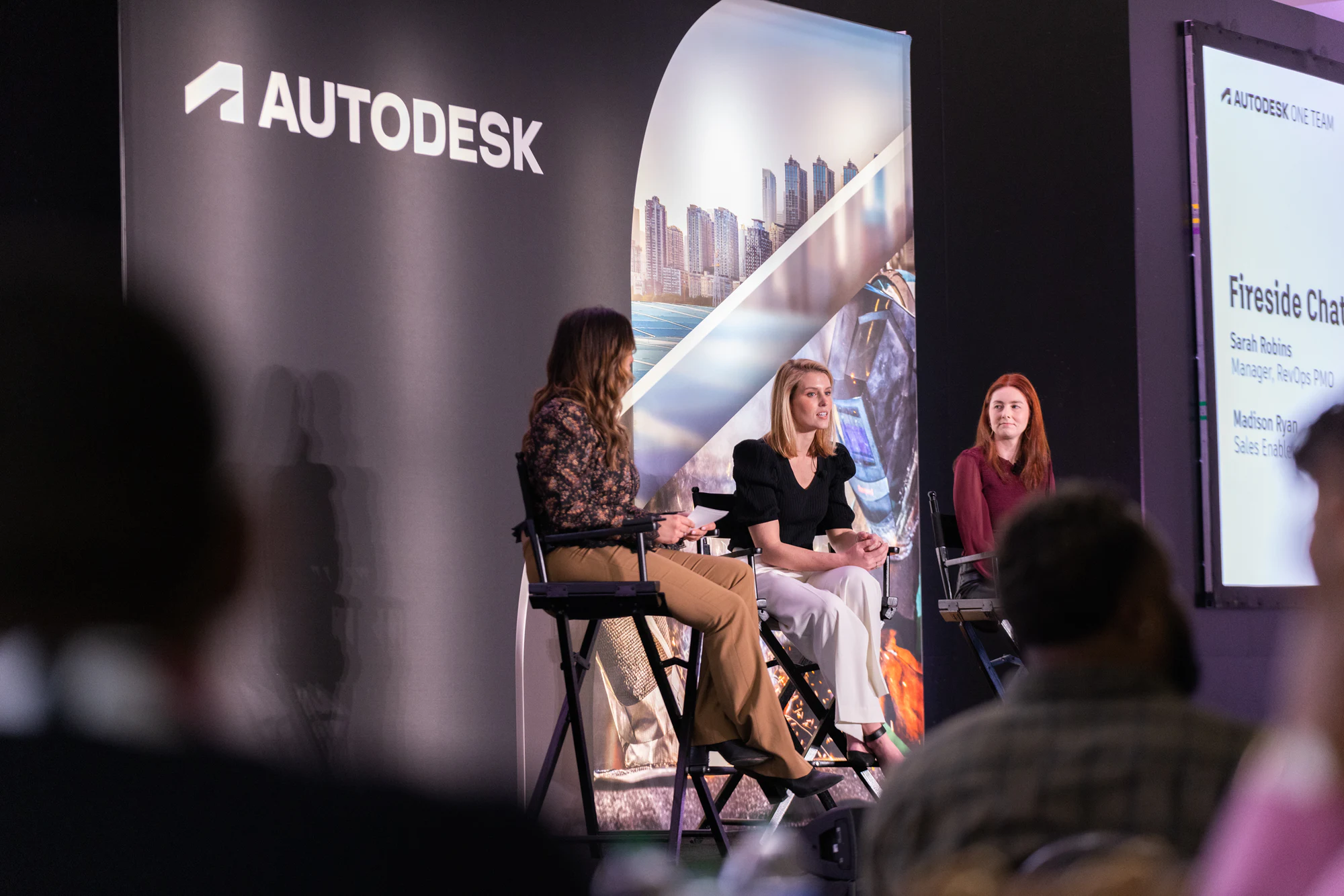 The fireside chat from the audience, the Autodesk screen behind at Autodesk Awards Atlanta 2023