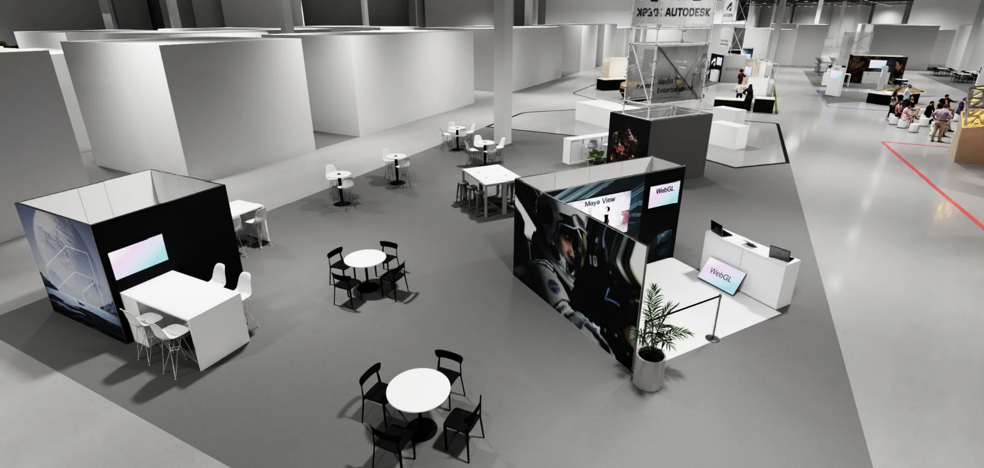 Autodesk’s rendering of the booth area at RADiCAL + Maya at Autodesk University 2023