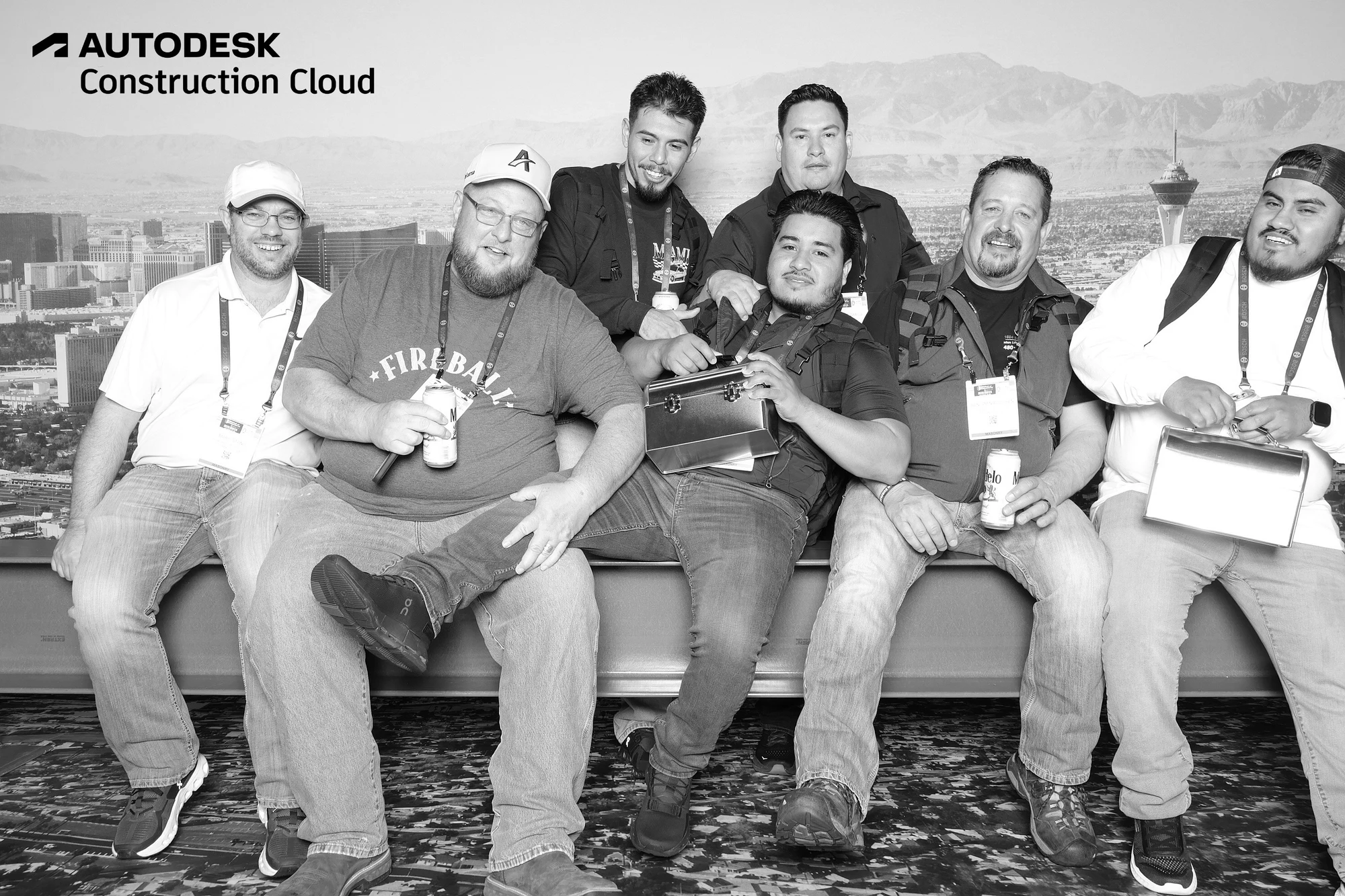 The seven on the beam laughing, one lifting his leg at Autodesk at World of Concrete 2025