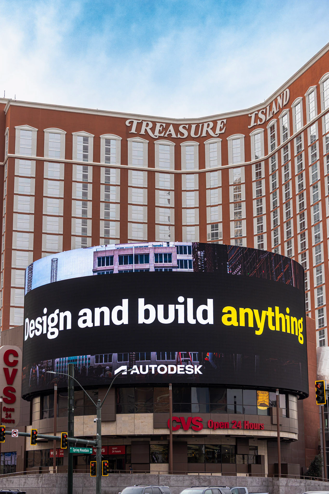 Autodesk’s “Design and build anything” ad on the round screen at Treasure Island, Las Vegas at Autodesk at World of Concrete 2026