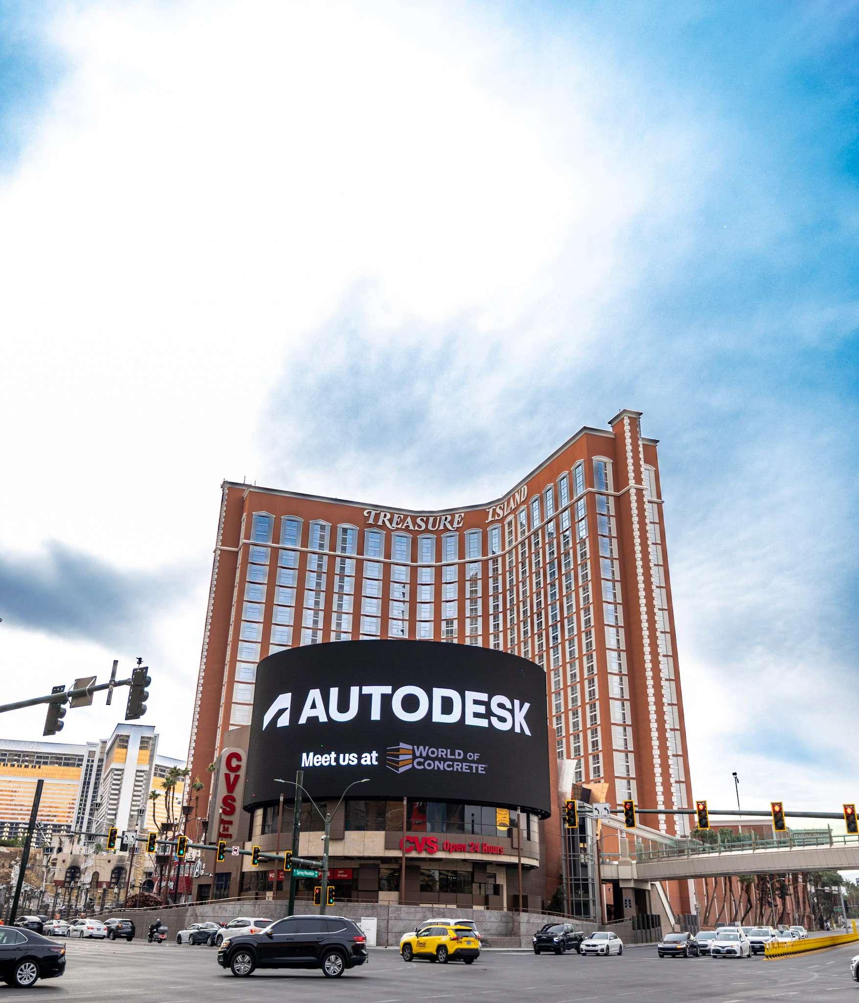 The Treasure Island screen with the Autodesk ad, seen from across the street at Autodesk at World of Concrete 2026