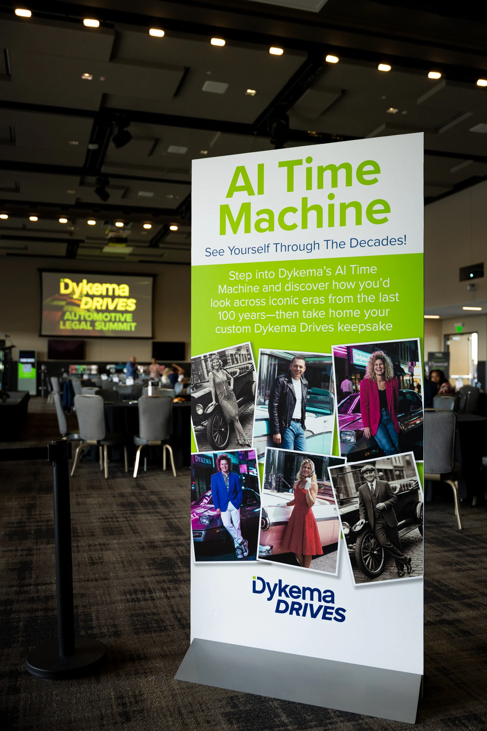 The AI Time Machine sign in Dykema Drives colors at the Dykema Automotive Legal Summit 2026