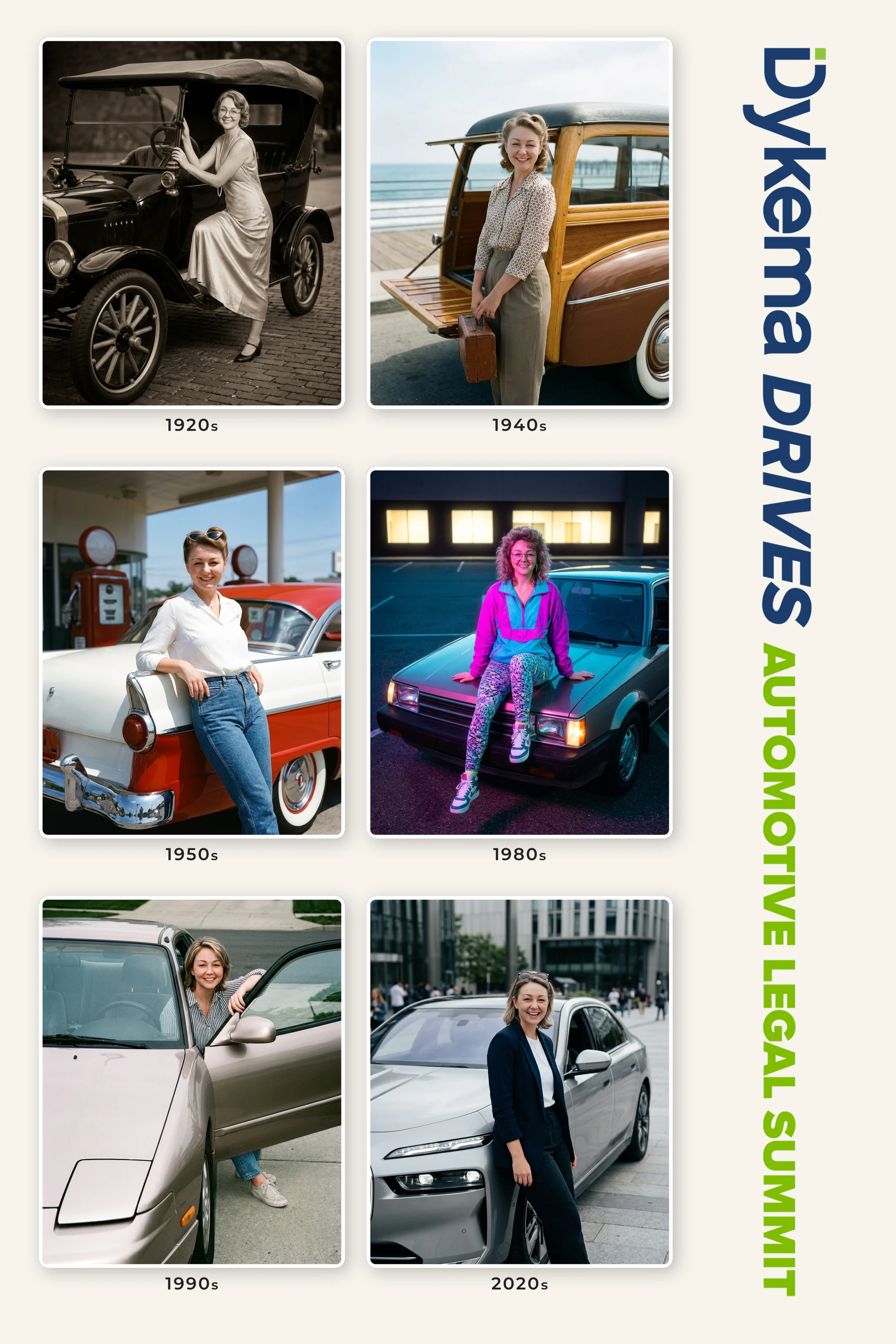 A guest in six decades, 1920s to 2020s, each beside a car of that era, at the Dykema Automotive Legal Summit 2026