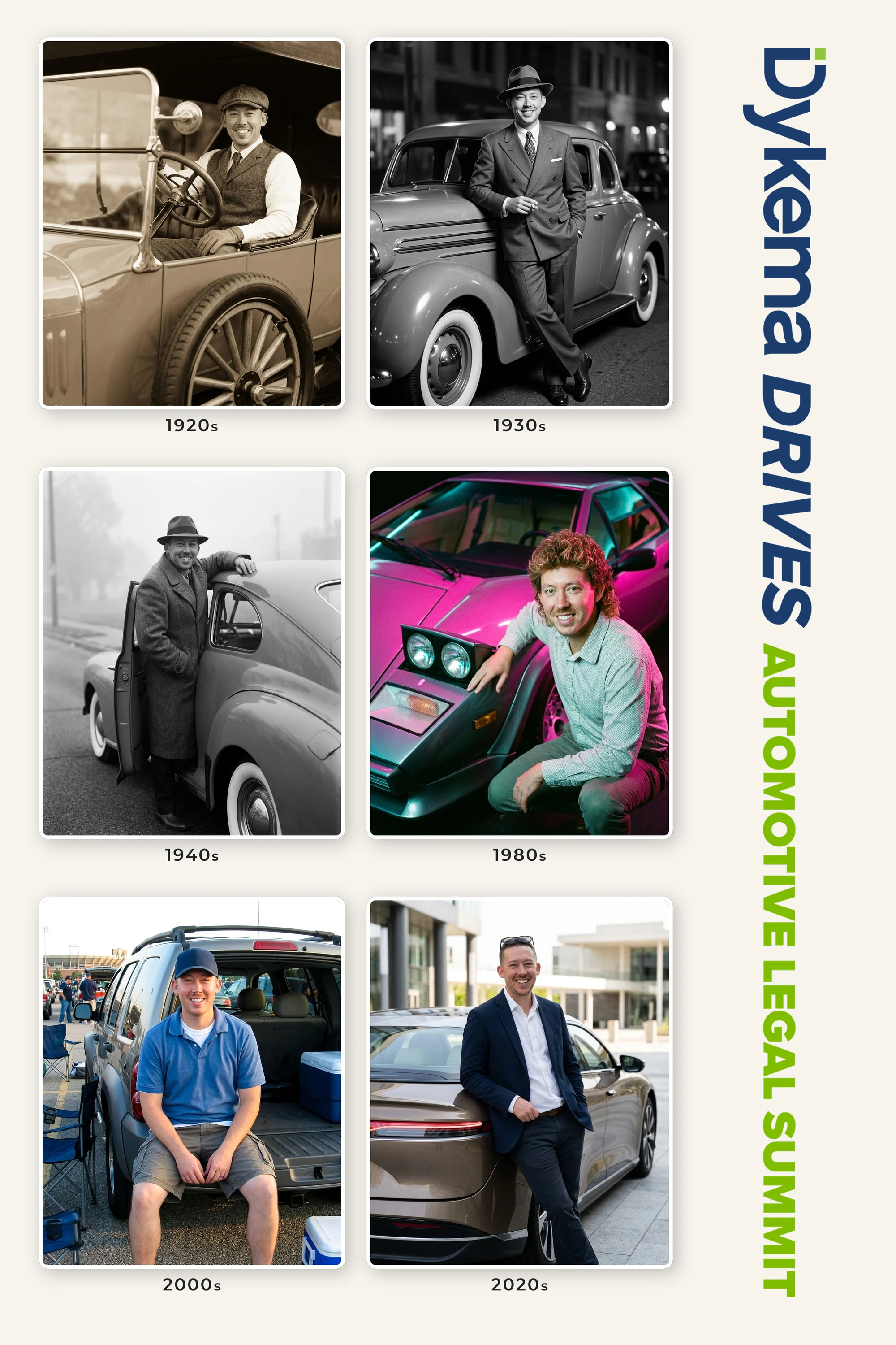 A man across the decades, each beside a car of that era, at the Dykema Automotive Legal Summit 2026