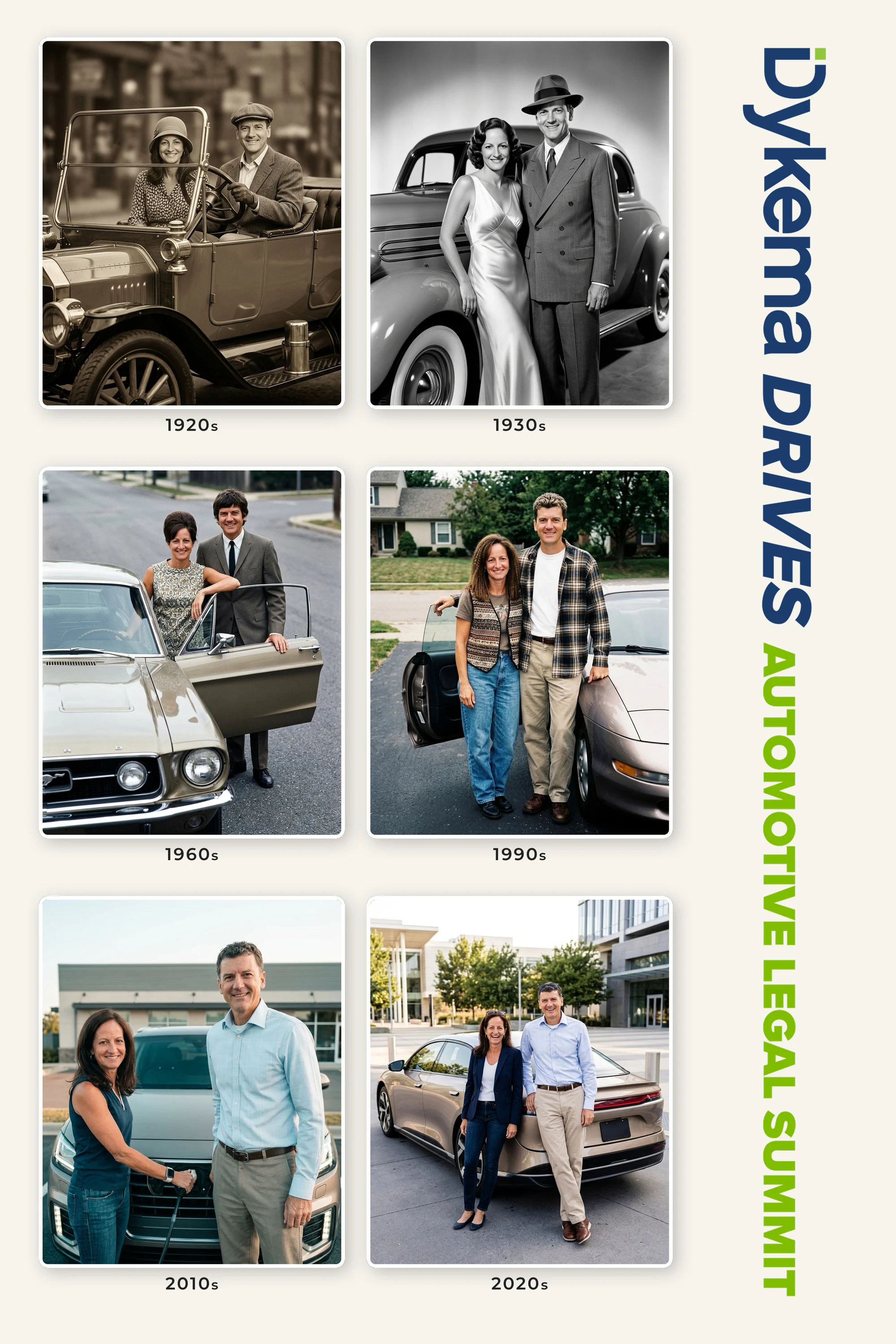 A couple in six decades together, each beside a car of that era, at the Dykema Automotive Legal Summit 2026