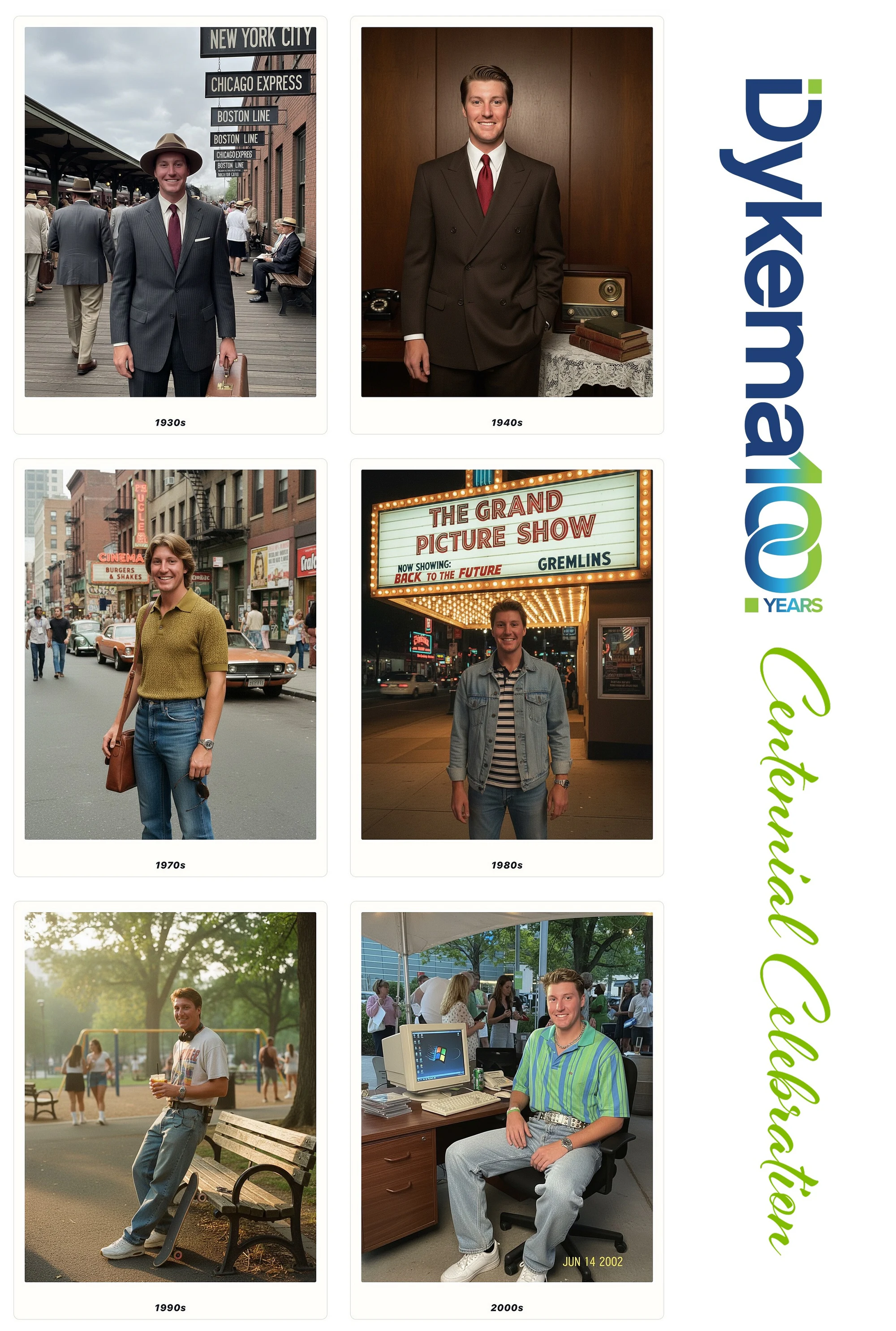 A man in suits across the decades on the centennial sheet at the Dykema Centennial Celebration