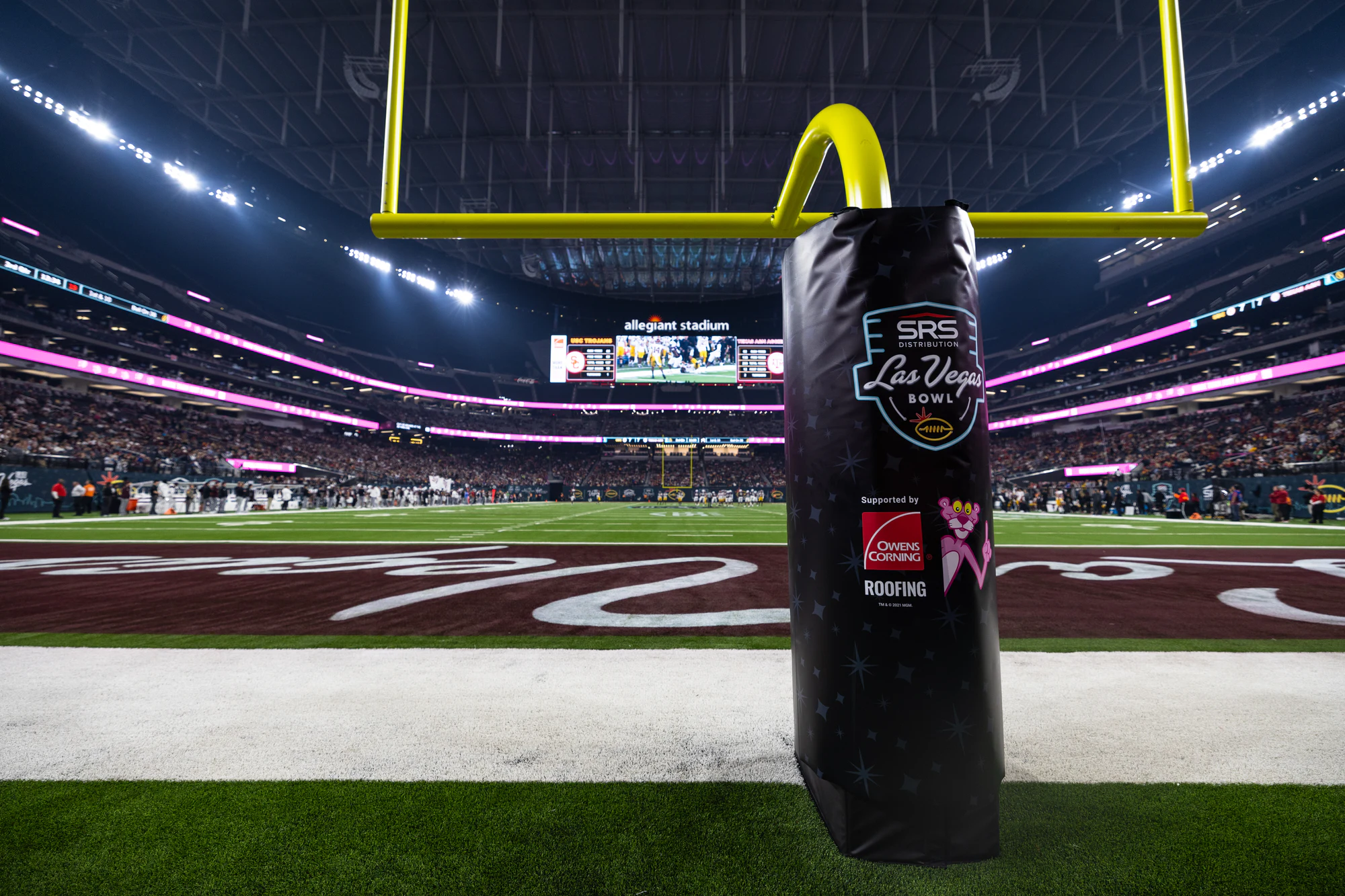 A goalpost pad with the Las Vegas Bowl, Owens Corning and Pink Panther marks at Owens Corning at the 2024 Las Vegas Bowl