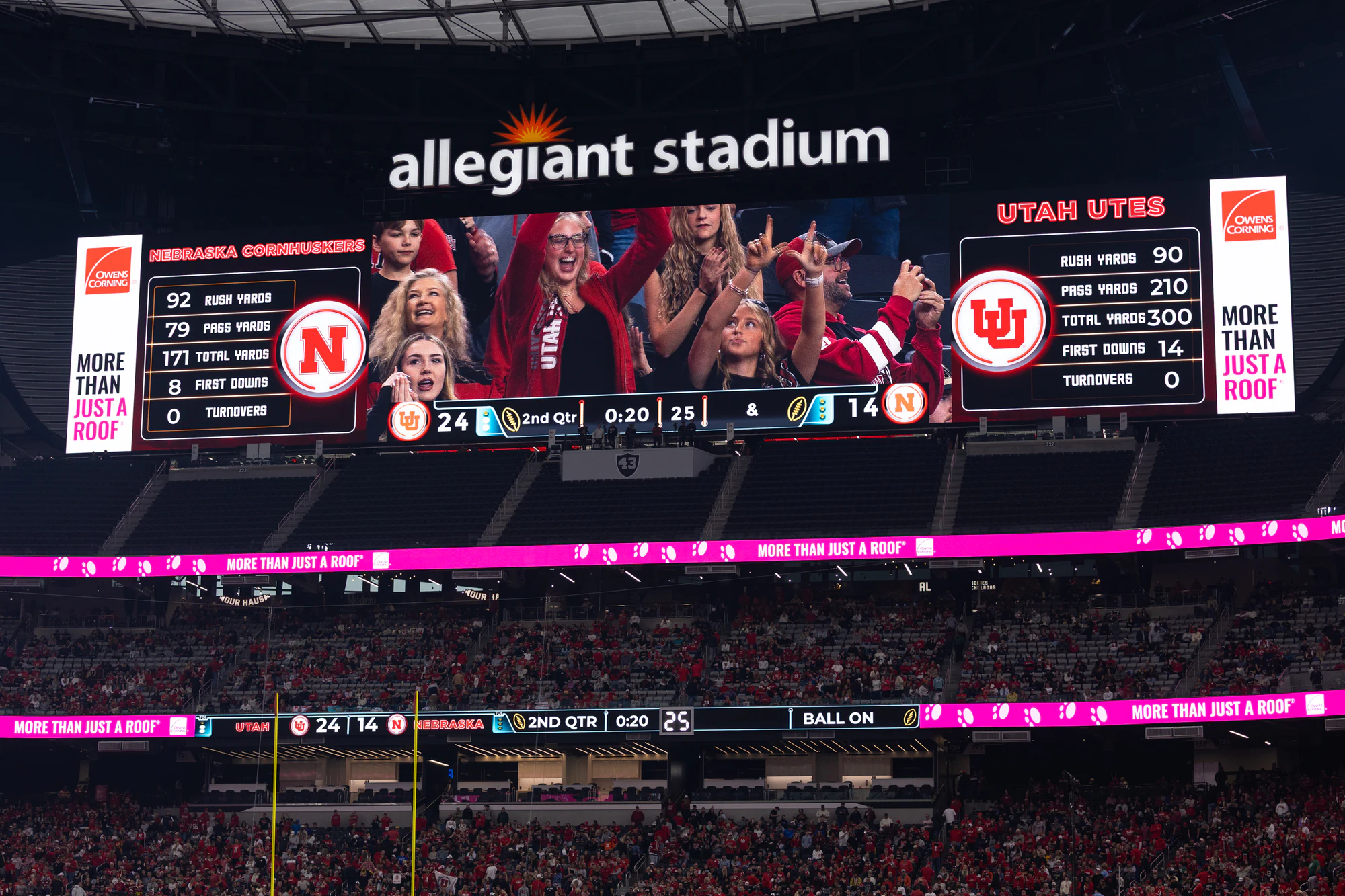 Allegiant Stadium scoreboard showing Nebraska and Utah, More Than Just a Roof boards on each side at Owens Corning at the 2025 Las Vegas Bowl