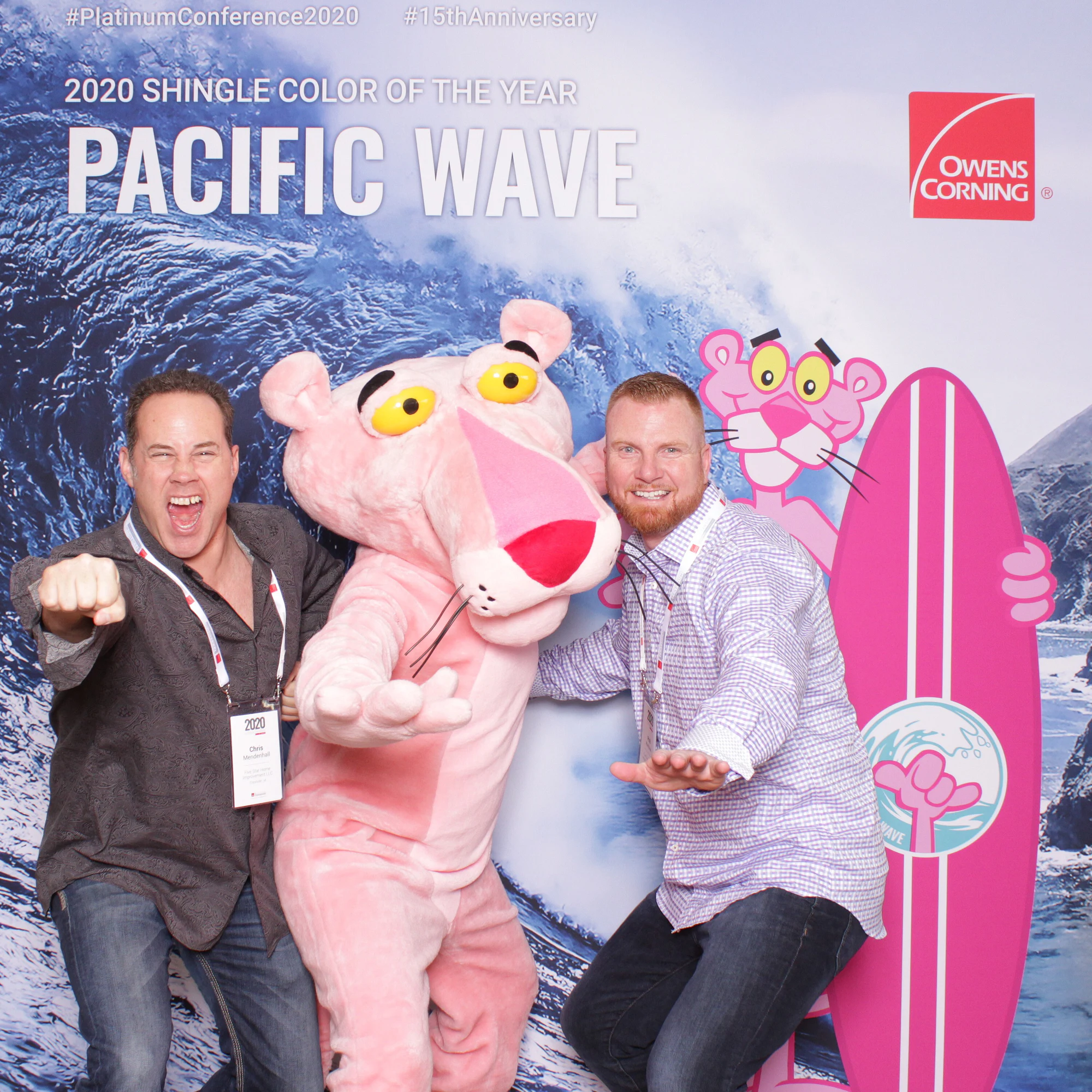 A guest mid-shout, mouth open at Owens Corning Platinum Conference
