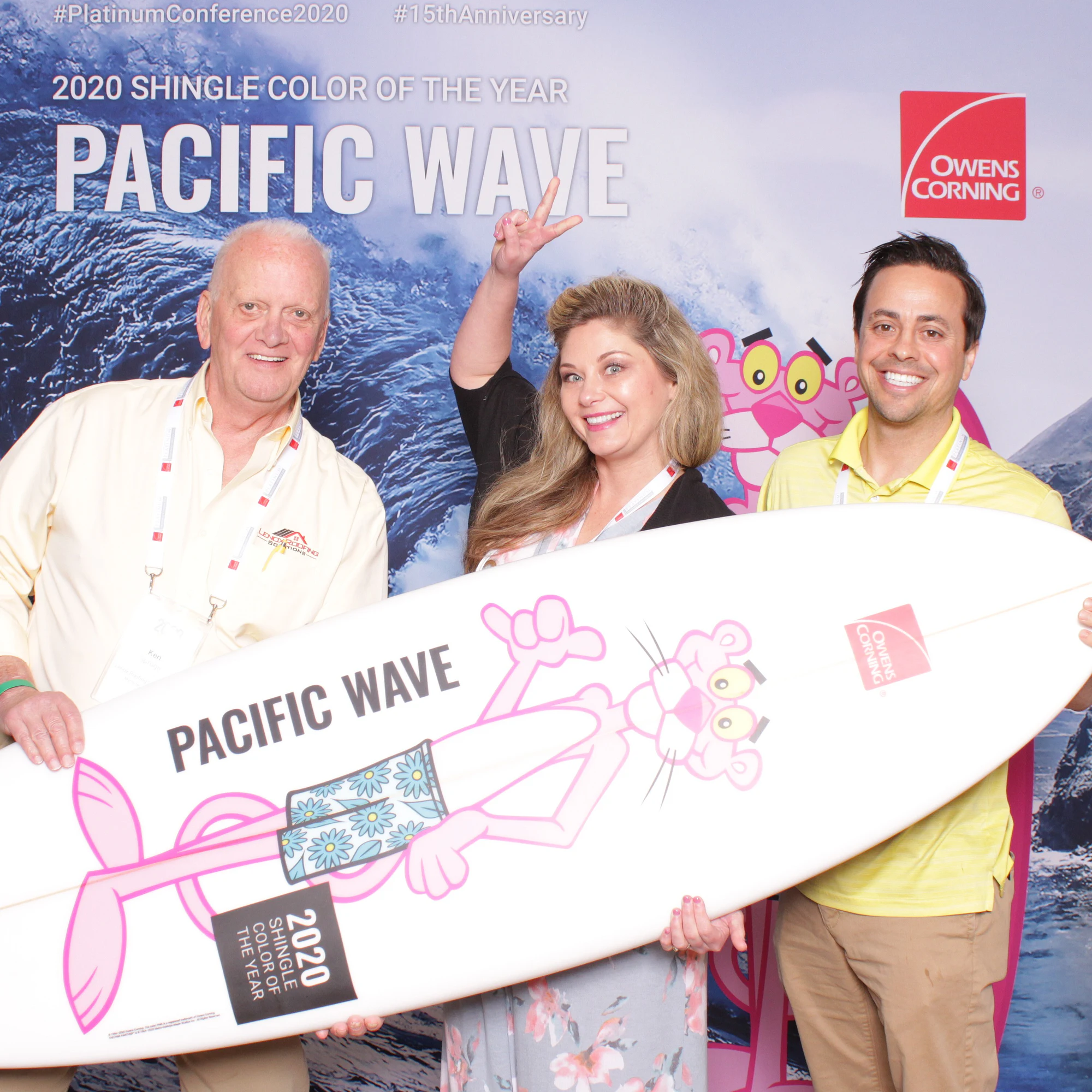 Three behind the Pacific Wave surfboard at the Owens Corning Platinum Conference 2020