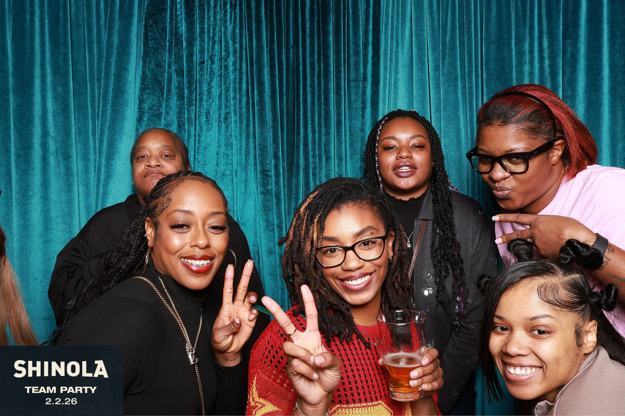 Six women, peace signs and a beer at Shinola Hotel Team Party