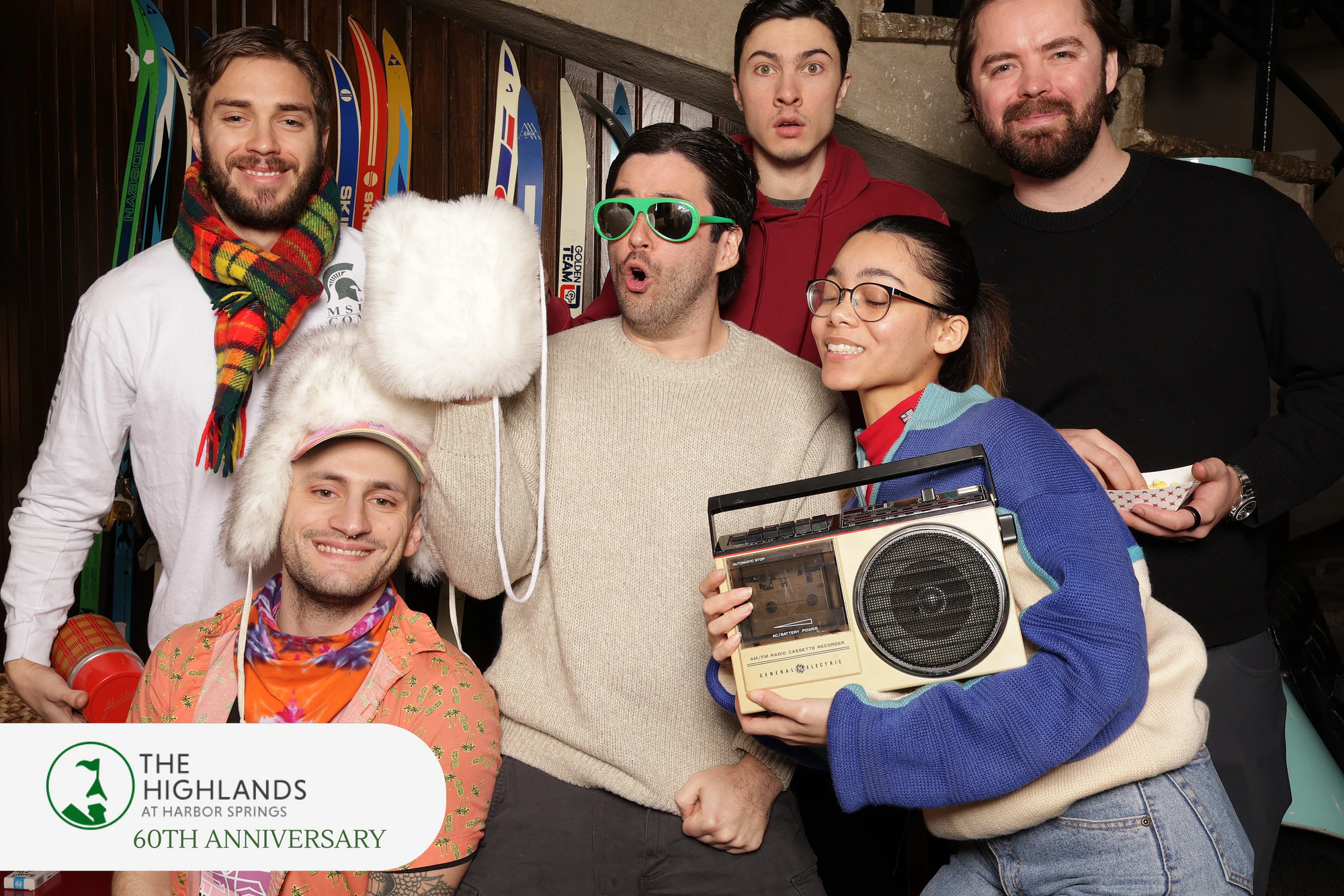 Six friends with the boombox prop and sunglasses at The Highlands Anniversary Weekend