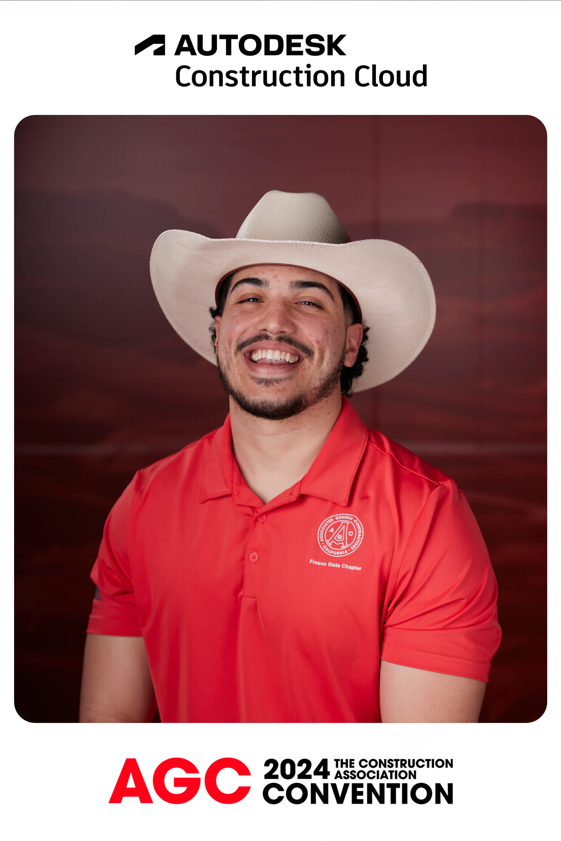 Cowboy hat and red polo, in Autodesk’s branded card at the AGC 2024 Convention