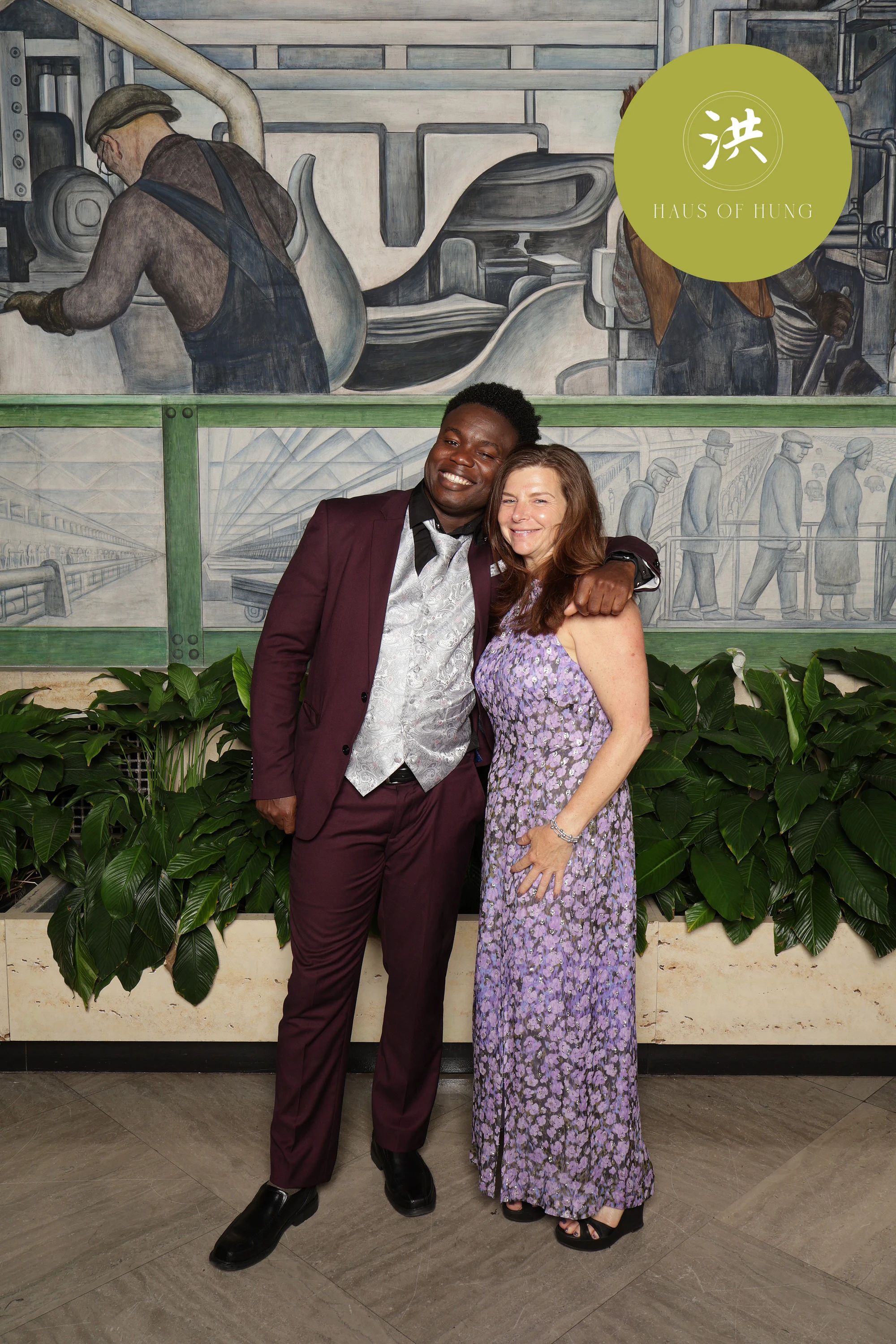Couple in maroon tux and lilac gown at Lesley + Kevin at the Detroit Institute of Arts
