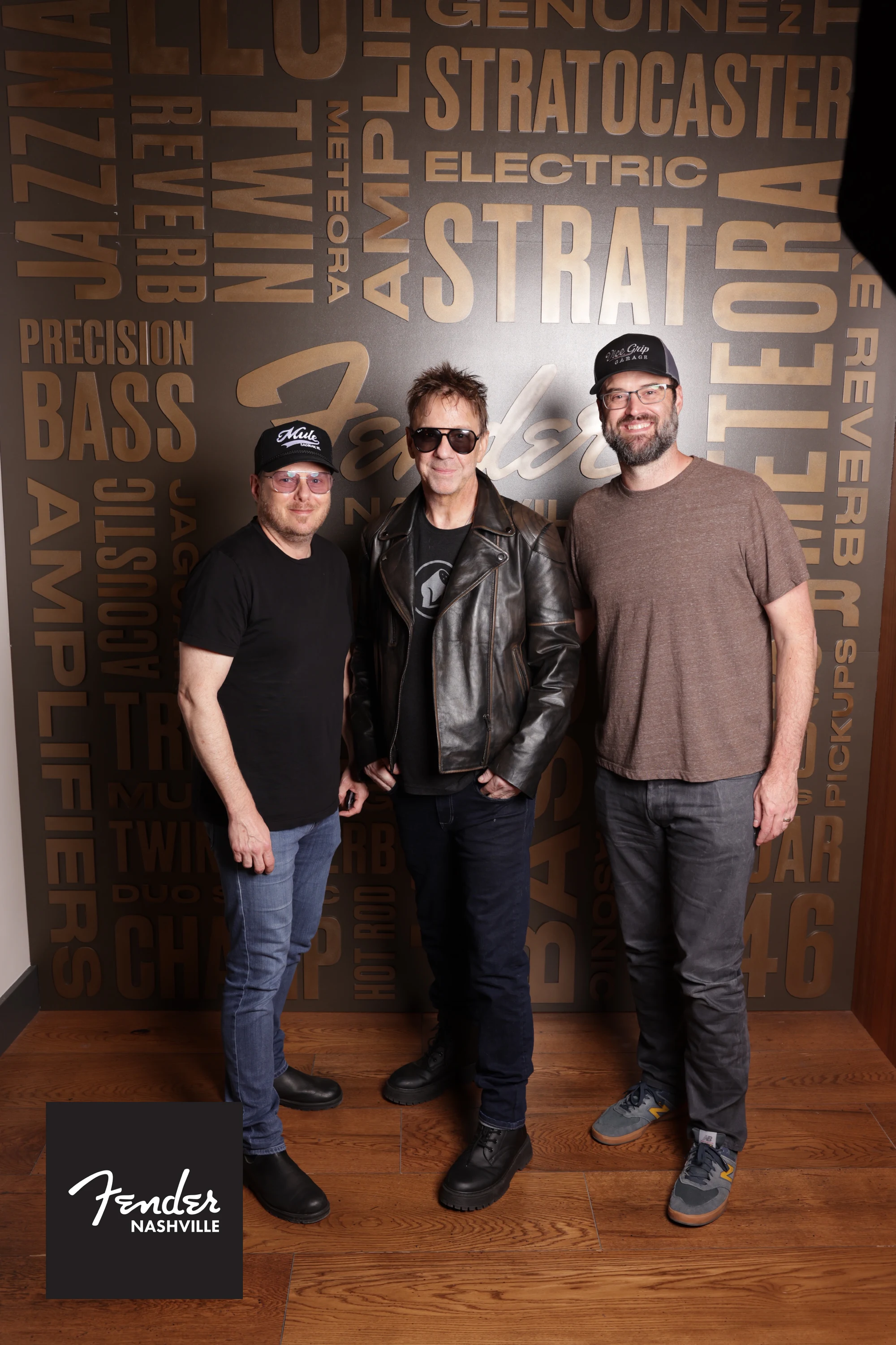 Three men in leather and black at Fender Nashville Grand Opening Portraits