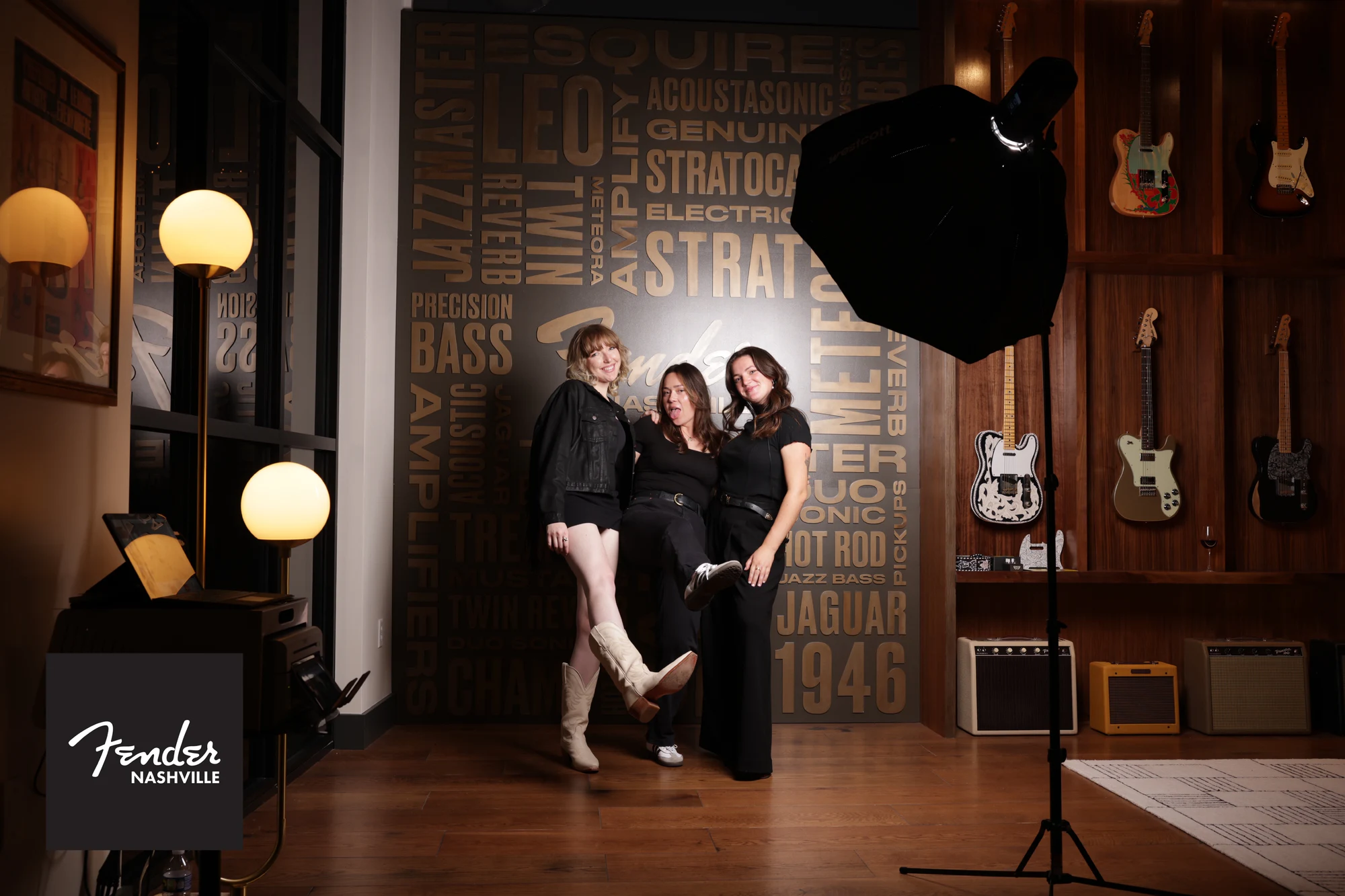 Wide view of the set in use, guitars on the wall behind at Fender Nashville Grand Opening Portraits